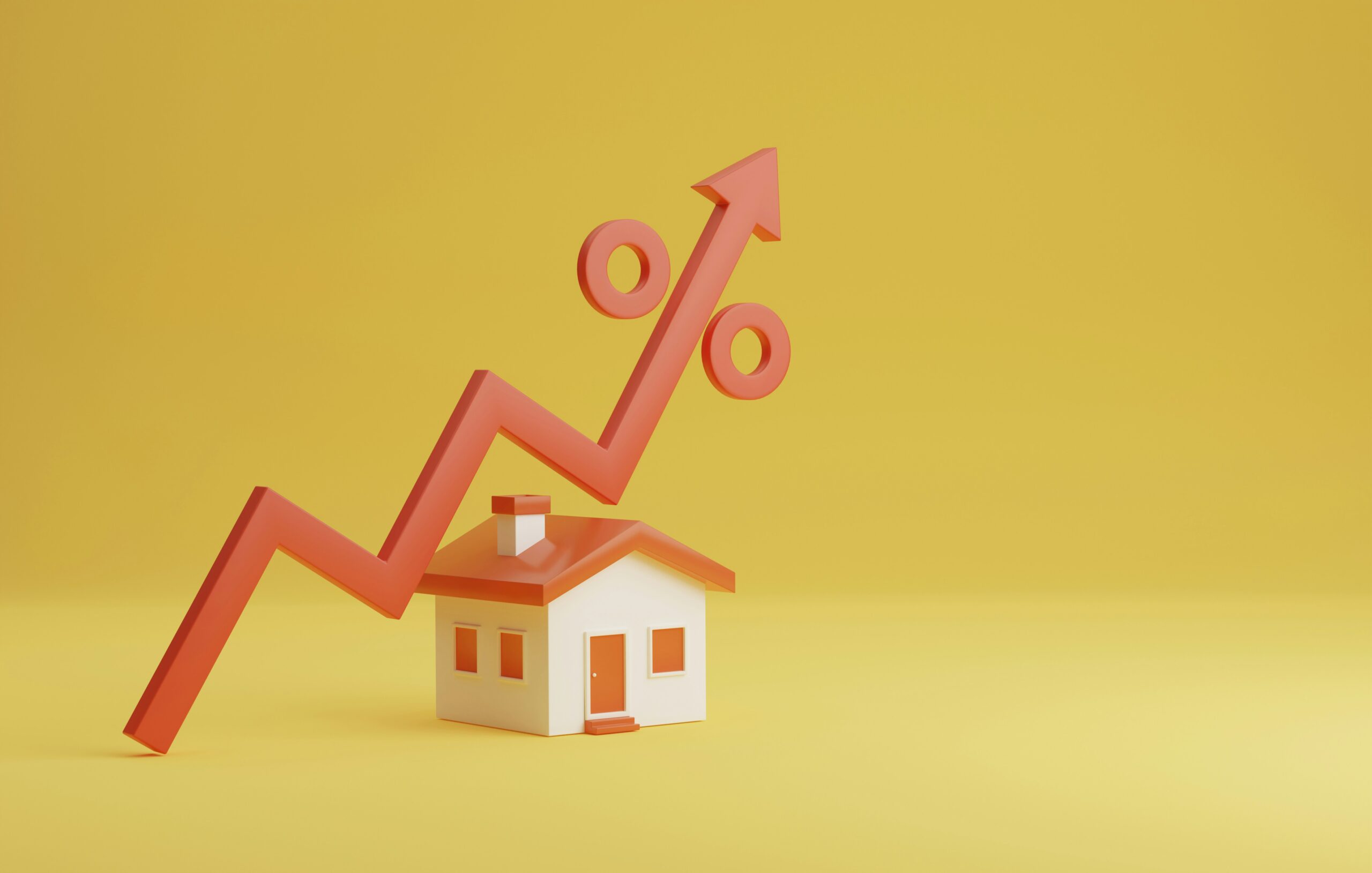 A house with a trending graph showing upwards moving showing how house prices are rising
