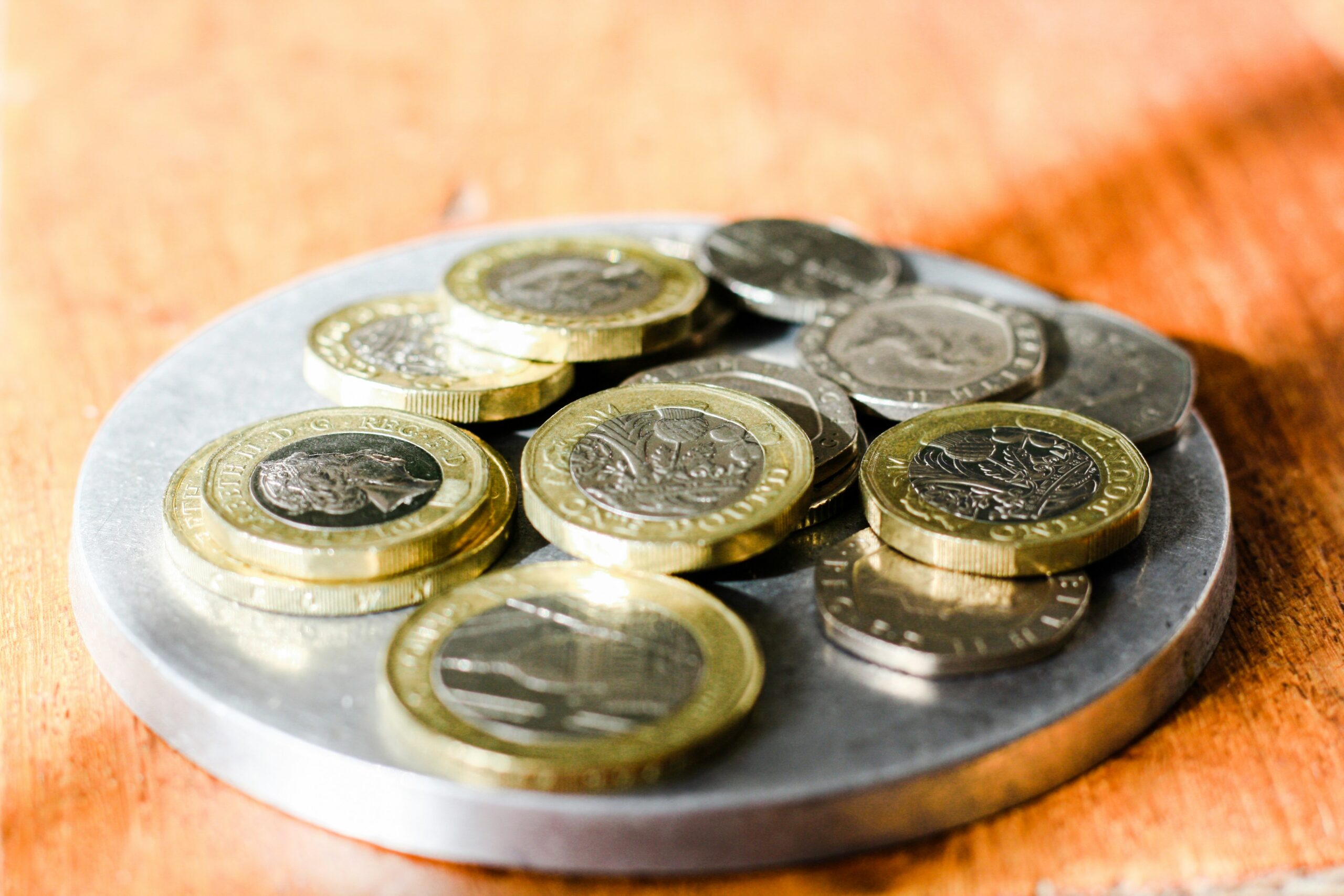 British Pound coins on a table